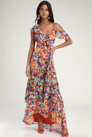 Radiant Ruby Red Floral Print Chiffon Maxi Dress
