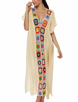 Crochet Floral Colorblock Beach Short Sleeve Swimsuit Cover Up