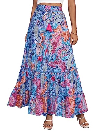 LYANER Women's Boho Print Ruched Tiered Ruffle Hem High Waisted Long Maxi Skirt Purple Medium