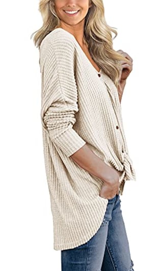 IWOLLENCE Womens Loose Henley Blouse Bat Wing Long Sleeve Button Down T Shirts Tie Front Knot Tops Oatmeal X-Large