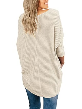 IWOLLENCE Womens Loose Henley Blouse Bat Wing Long Sleeve Button Down T Shirts Tie Front Knot Tops Oatmeal X-Large