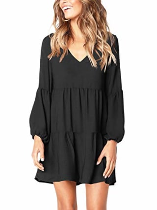 Amoretu Women's Deep V Neck Loose Shift Pleated Tunic Dress Long Sleeves Black S