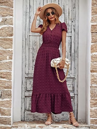 PRETTYGARDEN Womens Boho Short Sleeve V Neck Ruffle Tiered Maxi Dress Swiss Dot Smocked Dress Beach Long Dress (Large, Wine Red)