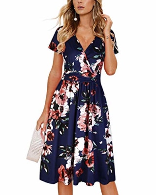 OUGES Women's Summer Short Sleeve V-Neck Pattern Knee Length Dress with Pockets Summer Maternity Dress 2023(Floral02,L)