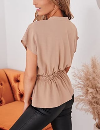 Womens Button Down Blouses Casual Peplum Summer Tops Dressy Chiffon Work Blouse Apricot