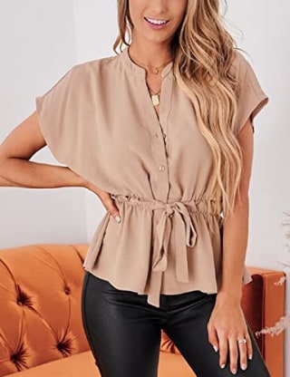 Womens Button Down Blouses Casual Peplum Summer Tops Dressy Chiffon Work Blouse Apricot