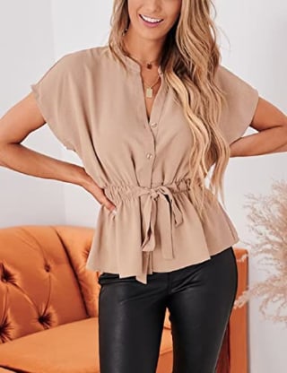 Womens Button Down Blouses Casual Peplum Summer Tops Dressy Chiffon Work Blouse Apricot