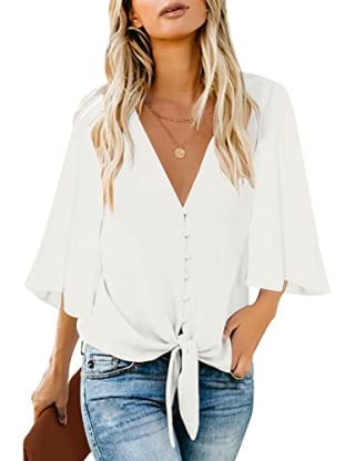 luvamia Women's Casual V Neck Tops 3/4 Sleeve Tie Knot Blouses Tops for Women Casual Elegant Womens Top Button Front Top White Size Medium Fits Size 8 / Size 10