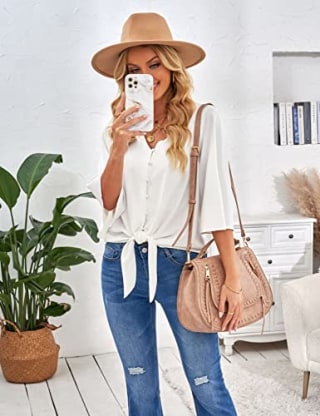 luvamia Women's Casual V Neck Tops 3/4 Sleeve Tie Knot Blouses Tops for Women Casual Elegant Womens Top Button Front Top White Size Medium Fits Size 8 / Size 10