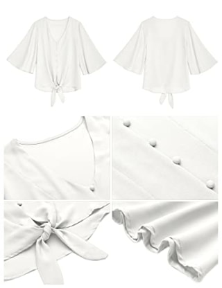 luvamia Women's Casual V Neck Tops 3/4 Sleeve Tie Knot Blouses Tops for Women Casual Elegant Womens Top Button Front Top White Size Medium Fits Size 8 / Size 10