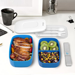 Bentgo Classic - All-in-One Stackable Bento Lunch Box Container - Modern Bento-Style Design Includes 2 Stackable Containers, Built-in Plastic Utensil Set, and Nylon Sealing Strap (Blue)