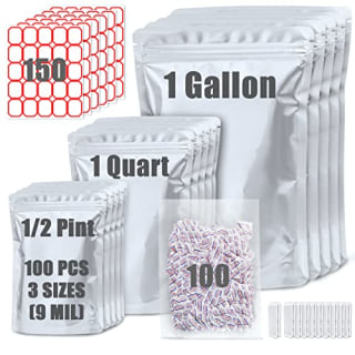 100 Pack Mylar Bags for Food Storage with 100x300cc Oxygen Absorbers - 9 Mil 10"x14" 6"x9" 4.3"x6.3" - Resealable Bags for Packaging Products & Ziplock Food Grade Bags for Storage