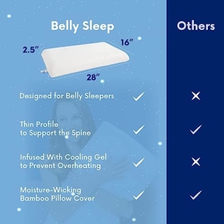 Belly Sleep Belly Pillow for Stomach &amp; Back Sleeper - Thin, Flat, &amp; Ergonomic Pillows for Sleeping - Cooling Gel Memory Foam Pillow with Cover - Stomach Sleeper Pillow