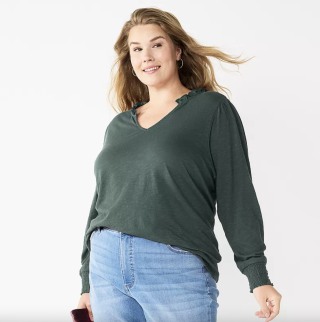 Plus Size Smocked Sleeve V-Neck Top