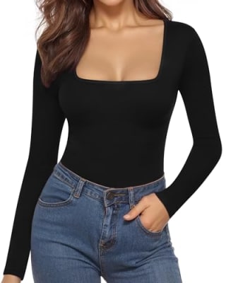 Mangopop Women's Square Neck Long-Sleeve Bodysuit 