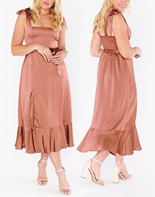 MIRGLER Womens Baked Rose Tie-up Square Neck Strap Satin Dress for Women