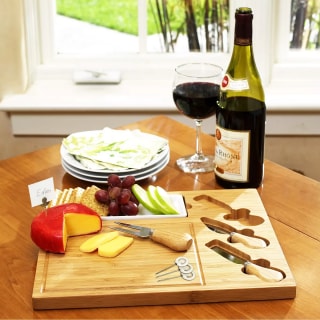 Bamboo Cheese Board with 3 Stainless Steel Cheese Tools, Ceramic Dish, and Markers