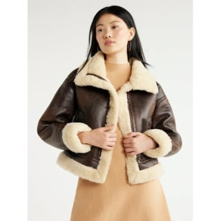 Faux Suede Cropped Bomber Jacket with Faux Sherpa Lining