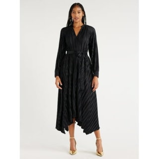 Long Sleeve Plisse Midi Dress with Handkerchief Hem