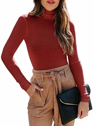 Women's Long Sleeve Ribbed Turtleneck Leotard Stretchy Sweater Bodysuit Basic Tops