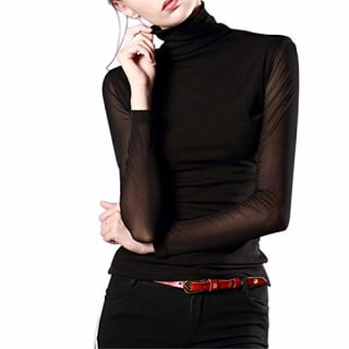Anbenser Women's Turtleneck Top Long Sleeve Slim Fit Shirts Mesh Sheer See Through