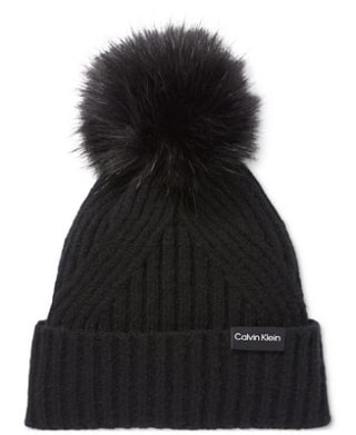 Calvin Klein Women's Ribbed Furry Pom Pom Hat
