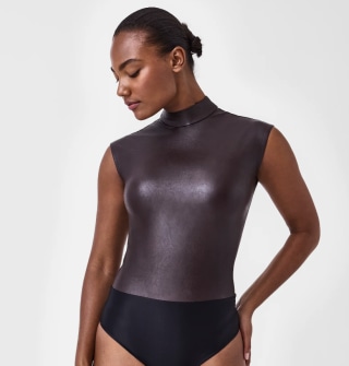 Leather-Like Mock Neck Bodysuit