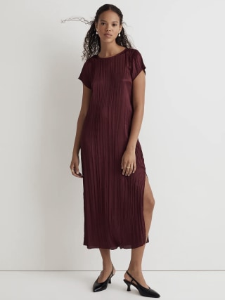 Short-Sleeve Slip Midi Dress in Plissé