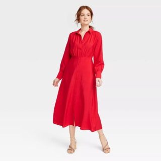 Long Sleeve Collared Midi Crepe Shirtdress