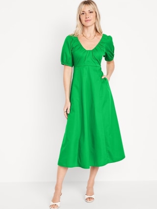 Puff-Sleeve Midi Swing Dress