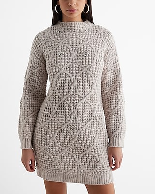 Rhinestone Embellished Mock Neck Mini Sweater Dress