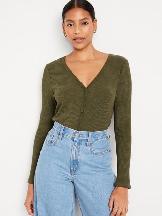 Button-Front Rib-Knit Top