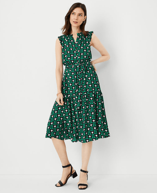 Floral Tile Ruffle Belted Flare Dress