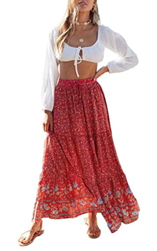 Zesica Bohemian FloralMaxi Skirt with Pockets