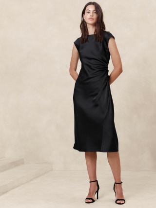 Shirred-Side Satin Midi Dress