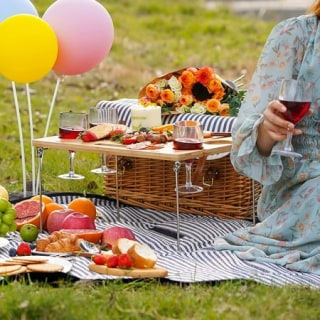 Wicker Picnic Basket for 4 with Blanket and Wine Snack Table
