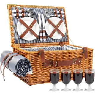 Large Insulated Wicker Picnic Basket Set for 4 