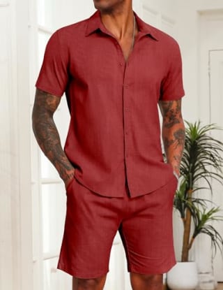 Coofandy Men's Cotton Linen Shorts Set