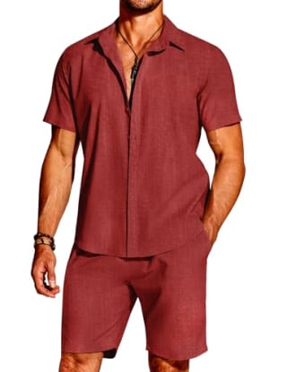 Coofandy Men's Cotton Linen Shorts Set