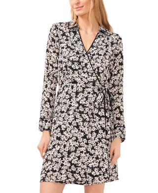 Printed Surplice Neck Long Sleeve Wrap Dress