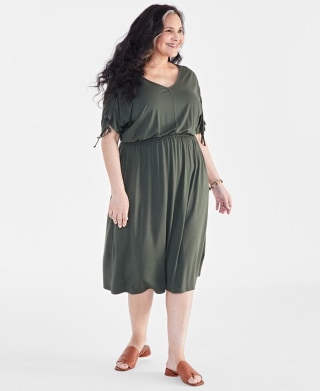 Plus Size V-Neck Ruched-Sleeve Dress