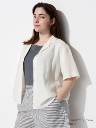 Uniqlo Linen Blend Open Collar Short-Sleeve Shirt
