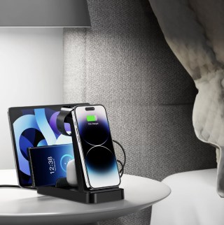 Wireless charging station on the bedside table