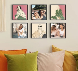 6 photos hung on the wall above colorful pillows