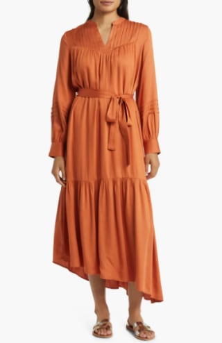 Du Paradis Tie Waist Long Sleeve Asymmetric Maxi Dress