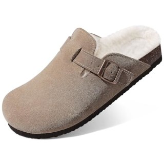 Fur Lined Suede Clogs Fuzzy Cork Footbed Mules