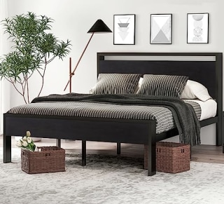 Queen-Size Metal Platform Bed Frame with Wooden Headboard