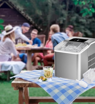 Ice cream maker outside on the picnic table