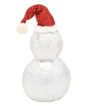 Disco Ball Snowman with Red Santa Hat 
