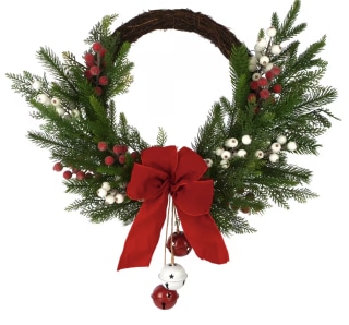 Pine, Red Bow and Bell Half Wreath